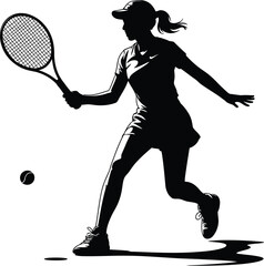 Silhouette of a woman playing tennis with a racket and ball in a black and white isolated background