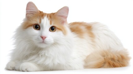 Fluffy orange-and-white cat relaxing on a white background