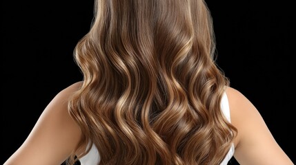 Fototapeta premium Woman with long, wavy hair is positioned against a dark background, creating a striking and elegant visual impact captured in detail.