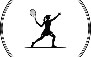 Silhouette of a woman playing tennis with a racket in a white background with a circular border design