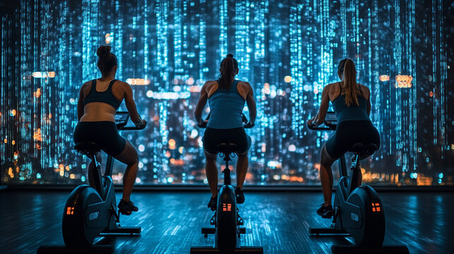 Women cycling indoors with digital city nightscape