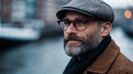 A stylish man poses elegantly by the water, displaying his winter fashion, complete with a textured coat, glasses, and a classic cap, amidst a serene backdrop.