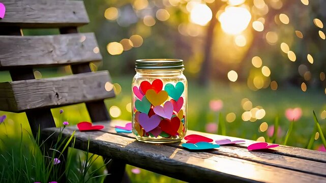 Glass jar filled with colorful paper hearts sitting on wooden bench in garden at sunset