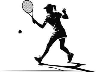 Silhouette of a woman playing tennis with a racket and ball on a white background in action pose style