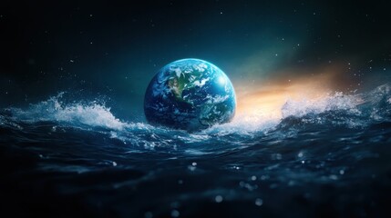The Earth rises majestically above tumultuous ocean waves, illuminated by starlight in a cosmic scene that beautifully showcases the planet's vibrant colors against the dark expanse.