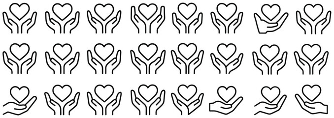 Heart in hand icon, healthcare hands holding symbol, medicine sign, caring hands, health protection, charity emblem, wellness concept, vector illustration.
