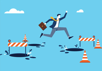Businessman leaping over challenges and obstacles, overcoming business problems, achieving success, moving forward despite difficulties, professional triumph, resilience, determined progress.
