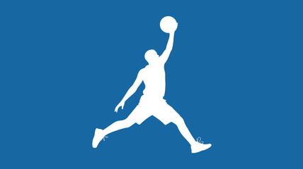 White silhouette of a basketball player jumping with a ball against a blue background illustration