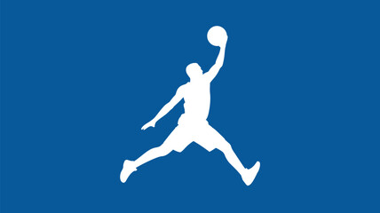 Silhouette of a basketball player jumping with a ball against a blue background in a dynamic pose