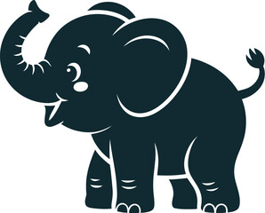 Illustration of a cartoon elephant with a raised trunk and a happy expression on a white background