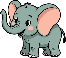 A cartoon elephant with large ears and a raised trunk stands on a white background smiling sweetly
