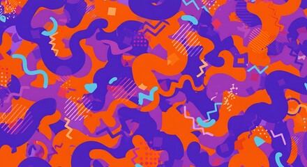 Abstract 90s Retro Pattern Design Vibrant Orange and Purple Geometric Shapes