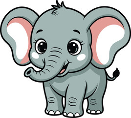 Illustration of a cartoon baby elephant with big ears and a curled trunk on a white background