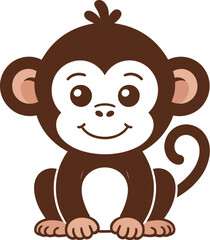 A cartoon monkey with brown fur and a curly tail sitting on a white background smiling cheerfully