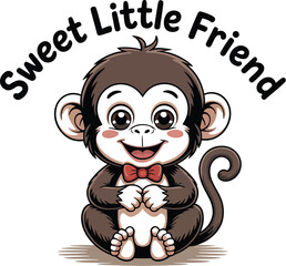 A cartoon monkey with a bow tie sitting under the text sweet little friend on a white background