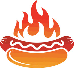 A stylized hot dog with flames rising above it, set against a plain white background illustration