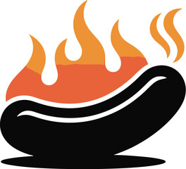 A stylized illustration of a black sausage engulfed in orange and yellow flames on a light background