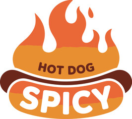 A logo of a spicy hot dog with flames above the bun and the words hot dog and spicy on the bun itself