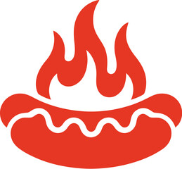 A graphic depiction of a hotdog with flames above it in a single orange color on a white background