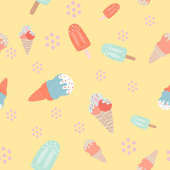 Cute seamless pattern with various ice cream treats on a light yellow background, perfect for summer designs.