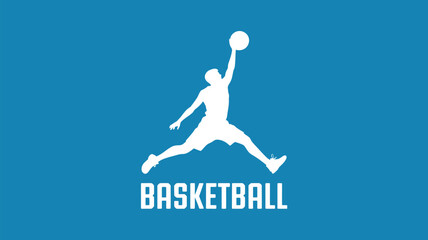 White silhouette of a basketball player jumping with a ball on a blue background with text below it