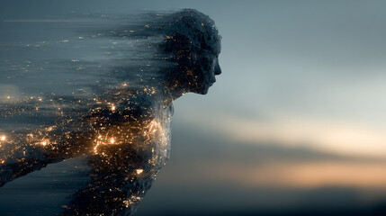 Abstract human figure with city lights and blurred motion.