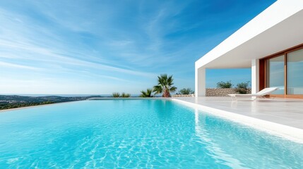 Fototapeta premium A breathtaking infinity pool reflects the vibrant blue sky and lush surroundings, showcasing a stunning landscape that invites relaxation and luxury.