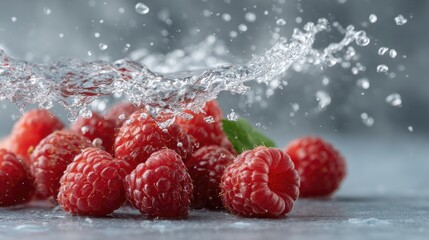 Raspberries drop into clear water, splashing and floating in a gentle dance against a light pink backdrop, showcasing vibrant details