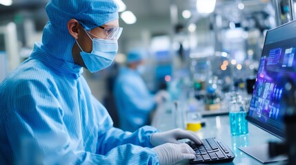 Obraz na płótnie Canvas Scientist in protective gear working on computer in a laboratory setting during daytime