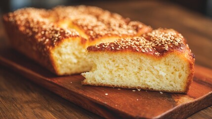 Freshly baked sesame-topped brioche loaf on wooden board