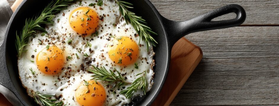 Sunny-side-up eggs cooked to perfection sit in a cast-iron pan, accompanied by a sprig of rosemary on a rustic wooden table
