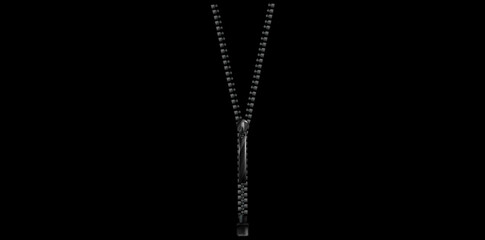 Realistic Black Zipper Isolated On Black Background, Zip With Puller Vector Illustration.	