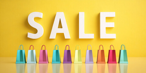 Colorful shopping bags arranged before large white SALE letters against a yellow background, showcasing a retail sale or promotional concept