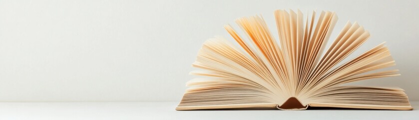 An open book with fanned pages resting on a flat surface against a plain background.