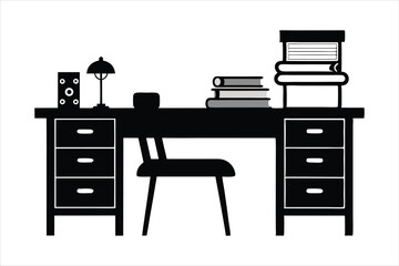 Office Desk with Drawers and Chair Silhouette - Workspace Silhouette Vector