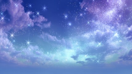 Starlit night sky with glowing stars and purple clouds