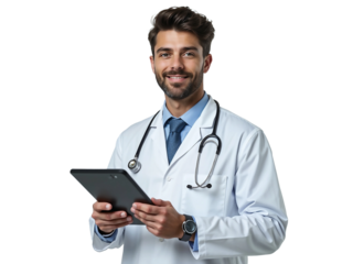 Handsome man doctor standing holding tablet on isolated on transparent background