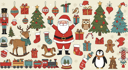 Festive Christmas Cartoon Collection Whimsical Holiday Cheer with Santa Reindeer Christmas Tree and Train