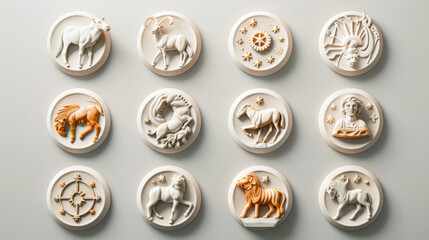 Minimalist white and gold zodiac medallions with celestial and animal symbols
