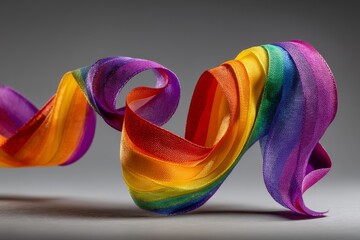 Colorful flowing ribbon with rainbow stripes on gray background