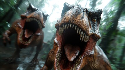 This striking image captures two fierce dinosaurs roaring in a misty jungle, showcasing their powerful presence and evoking a sense of prehistoric adventure and danger.