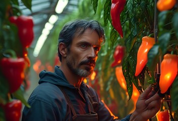 A farmer tends to bright bell peppers in a greenhouse, interacting with the plants while ensuring optimal growth conditions in a sustainable setting. The warm light highlights the fruits.