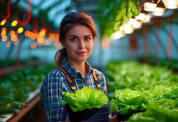 In a lush greenhouse, a young woman holds vibrant lettuce with care. She is surrounded by greenery, illuminated by warm lights, creating a tranquil farming atmosphere.