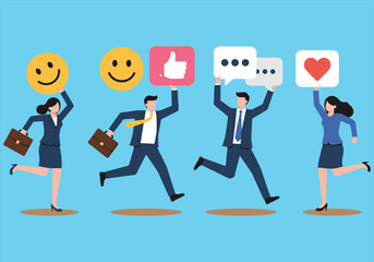 Happy diverse business people running with social media icons, symbolizing positive online feedback, customer satisfaction, digital marketing success