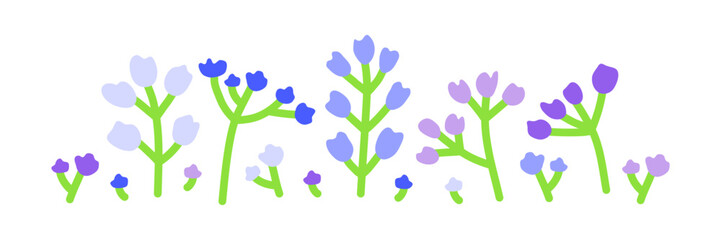 Petite meadow flowers in soft colors isolated on white background. Floral summer field elements. Horizontal banner template.