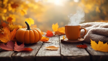 A cozy setup features two pumpkins and a steaming cup on a weathered wooden table. Bright autumn leaves scatter around, and golden sunlight bathes the scene in warmth.