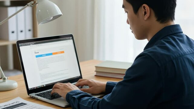 Young Man Working on Resume on Laptop - A young man sits at a desk, intently focused on his laptop screen where a resume is open.