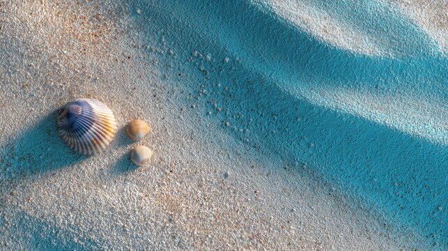 Seashells on sunlit sandy beach with gentle blue shadows