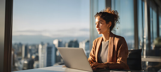 Latin hispanic young business woman working on laptop computer at office desk with city view. Indian entrepreneur manager businesswoman using pc for work, learning at workplace. 