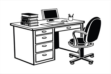 Office Desk with Drawers and Chair Silhouette - Workspace Silhouette Vector